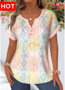 Multi Color Geometric Print Tummy Coverage Short Sleeve Blouse