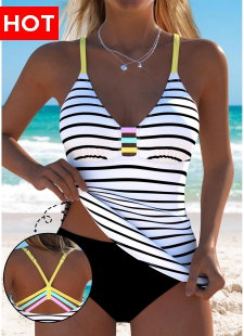 Striped Black Ruched Detail Tankini Top