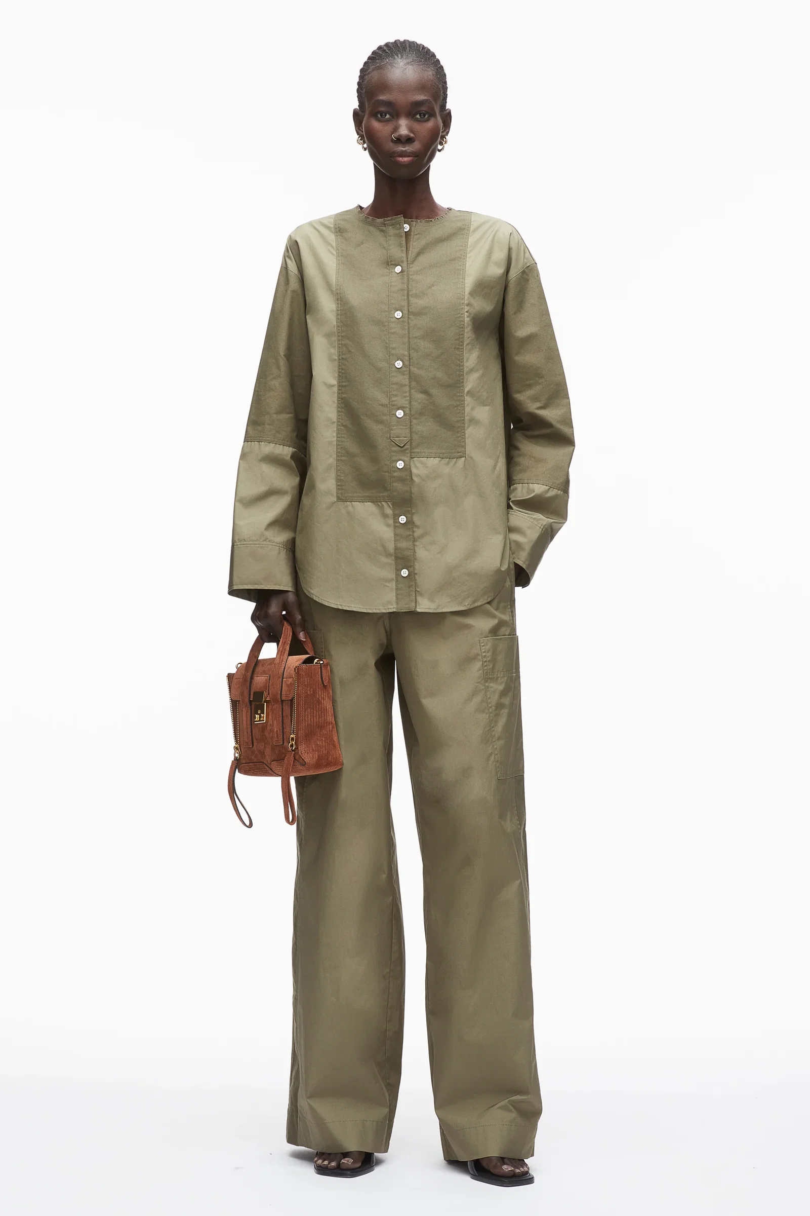 Image of Mixed Oxford Collarless Shirt