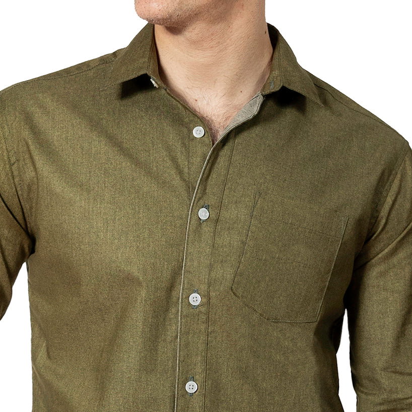 Image of GARVER Long Sleeve Shirt in Olive All Over Japanese Solid Denim-Like Print