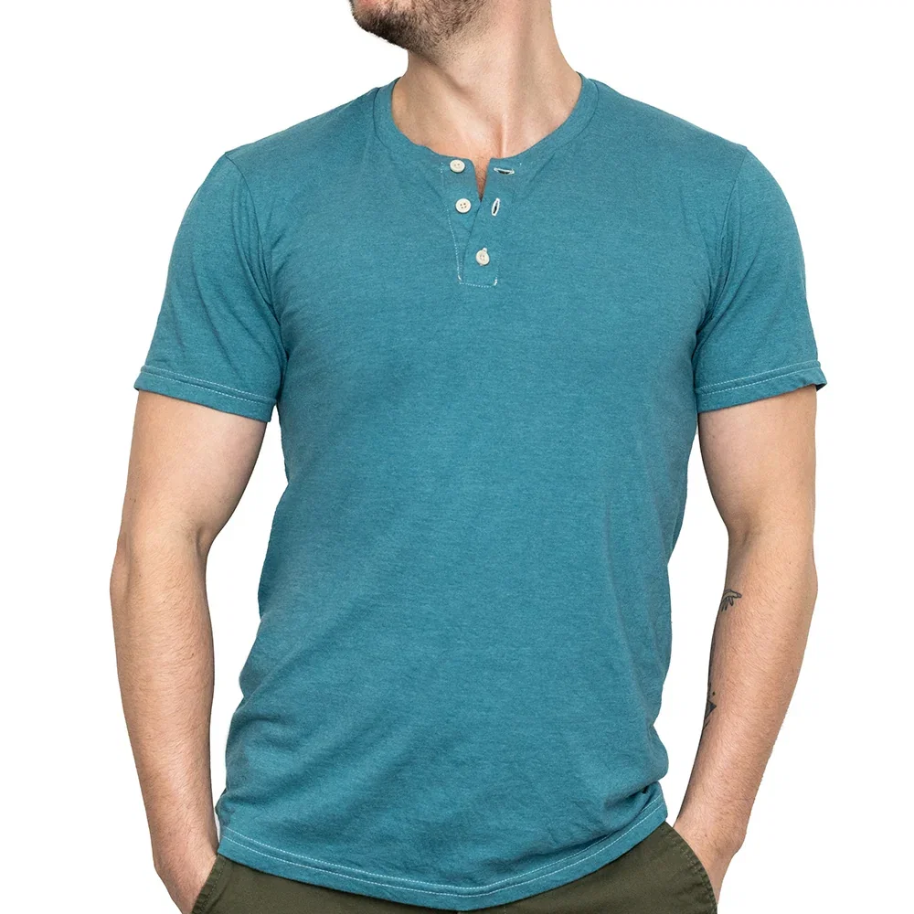 Image of THE "SLUGGER" Short Sleeve Henley Tee in Teal Blue