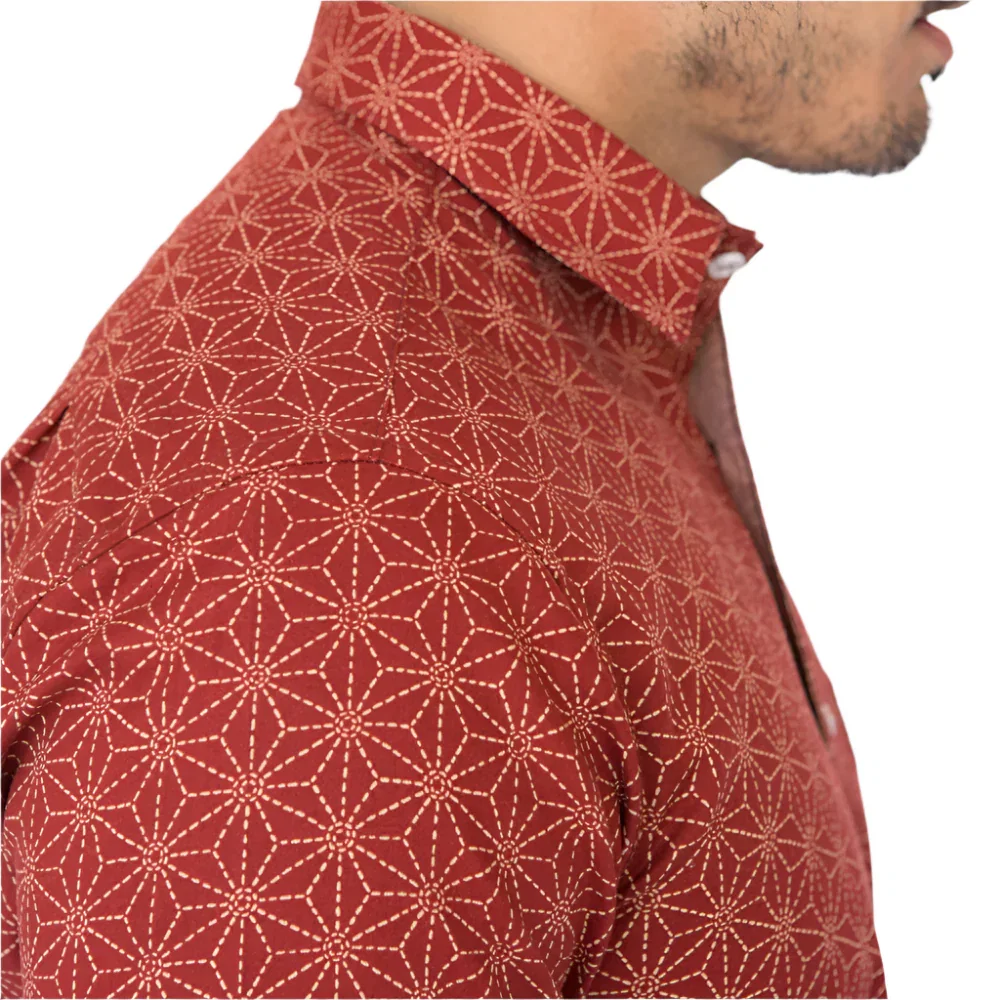 Image of JONES Short Sleeve Shirt in Tomato Red Japanese Geometric Floral 'Asanoha" Print (SIZE M & L)