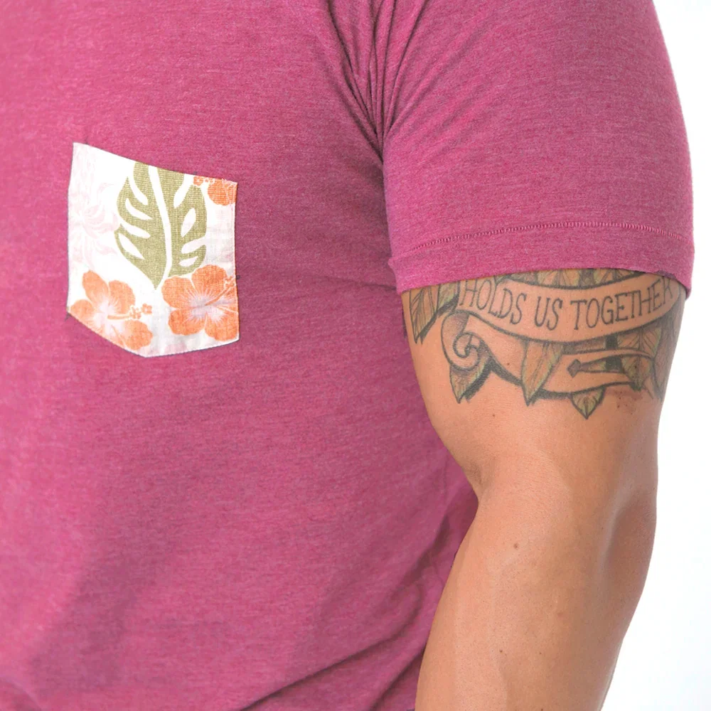 Image of Raspberry Heather With Hawaiian Hibiscus Floral Pocket T-Shirt