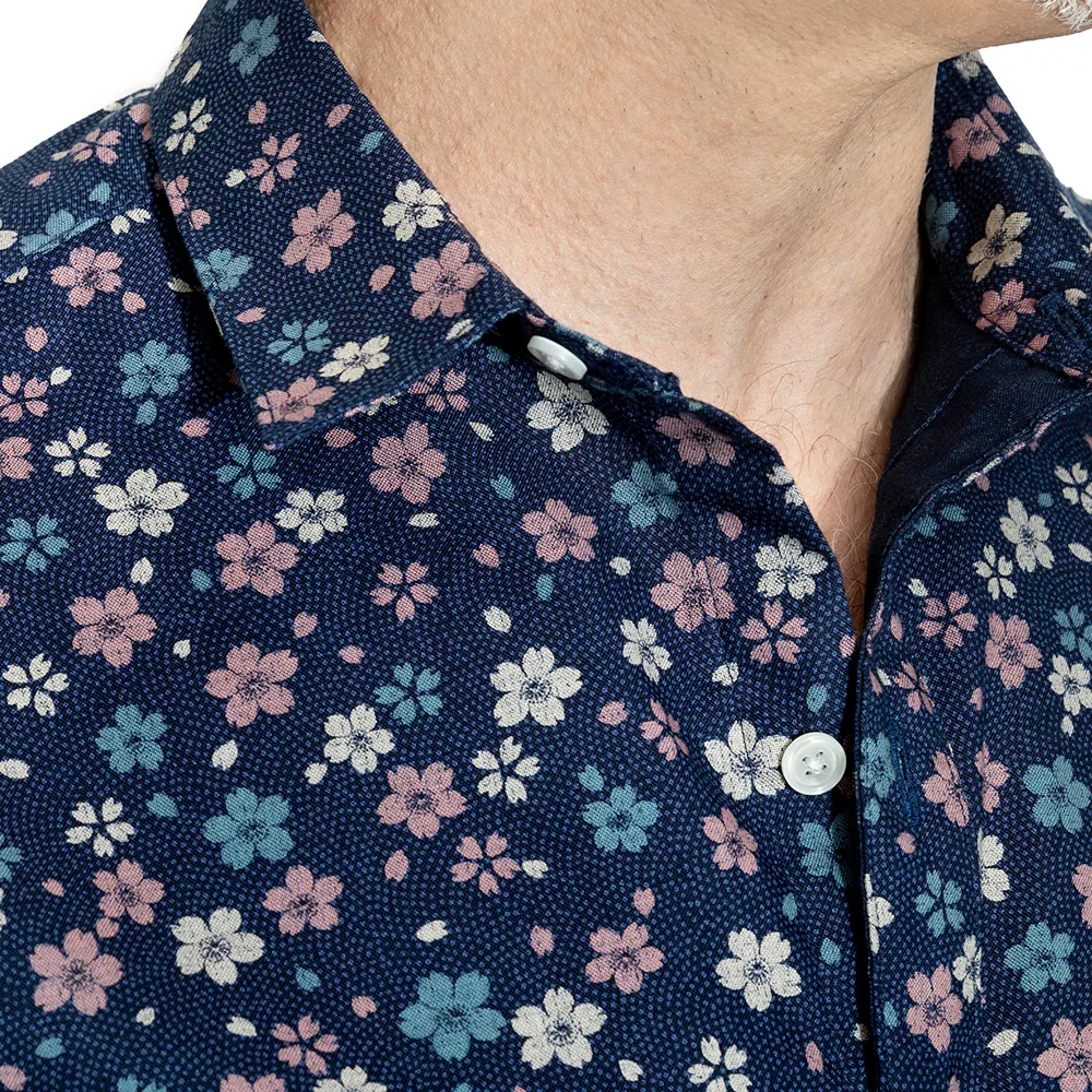 Image of BOXTER Short Sleeve Shirt in Blue & Pink Japanese Floral Print