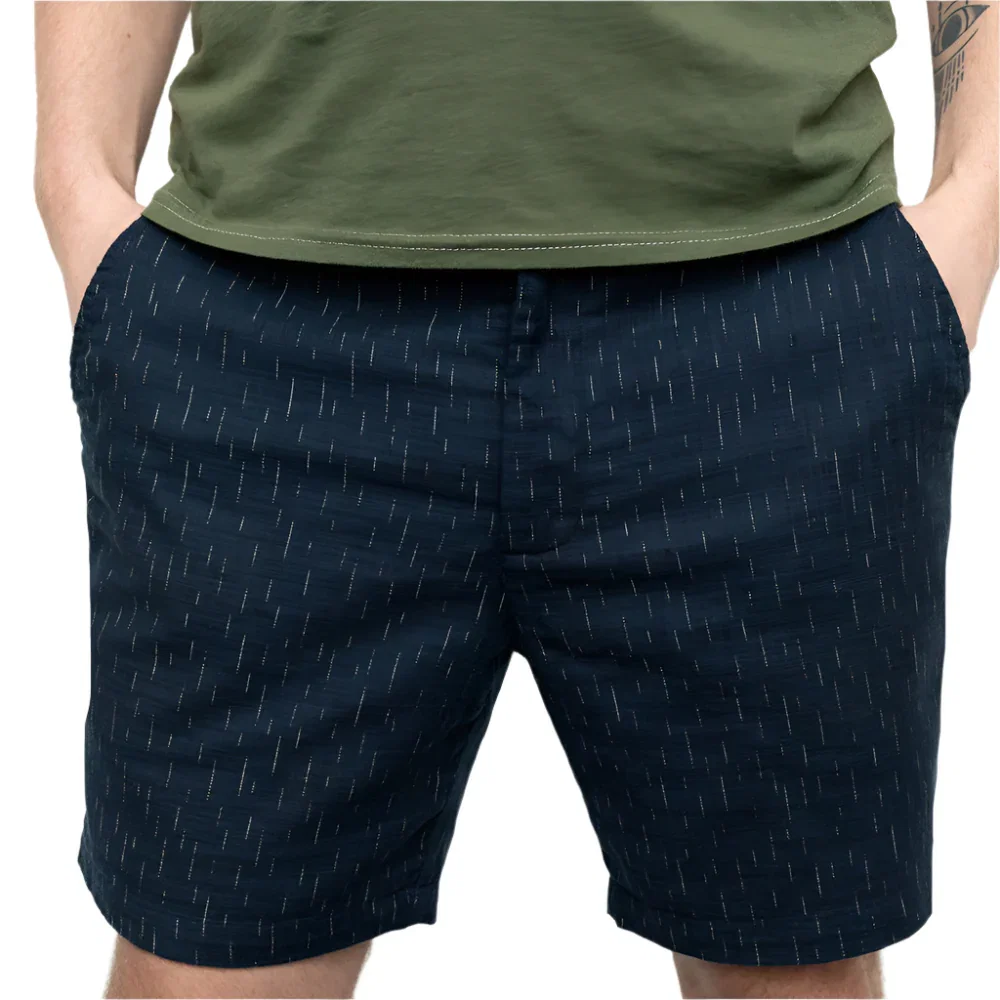 Image of Dark Indigo Blue Japanese Cascading Rays Print Cotton Shorts - Made in USA (SIZE 31 & 32)