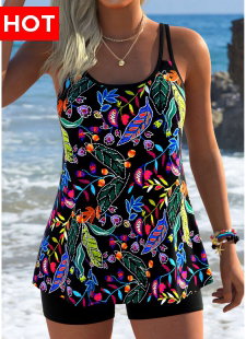 Scoop Neck Floral Print Black Tankini Top