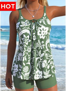 Green Mid Waisted Lace Up Tankini Set