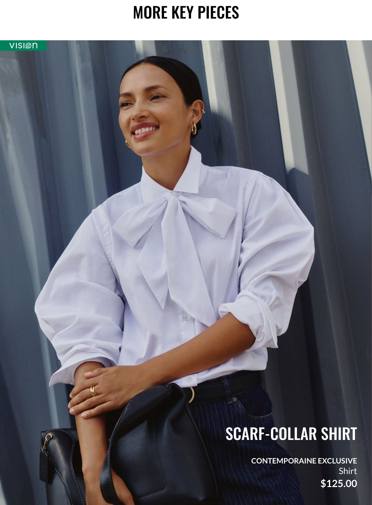 More Key Pieces. Woman wearing a white scarf-neck shirt with puff sleeves at 125 $. 
