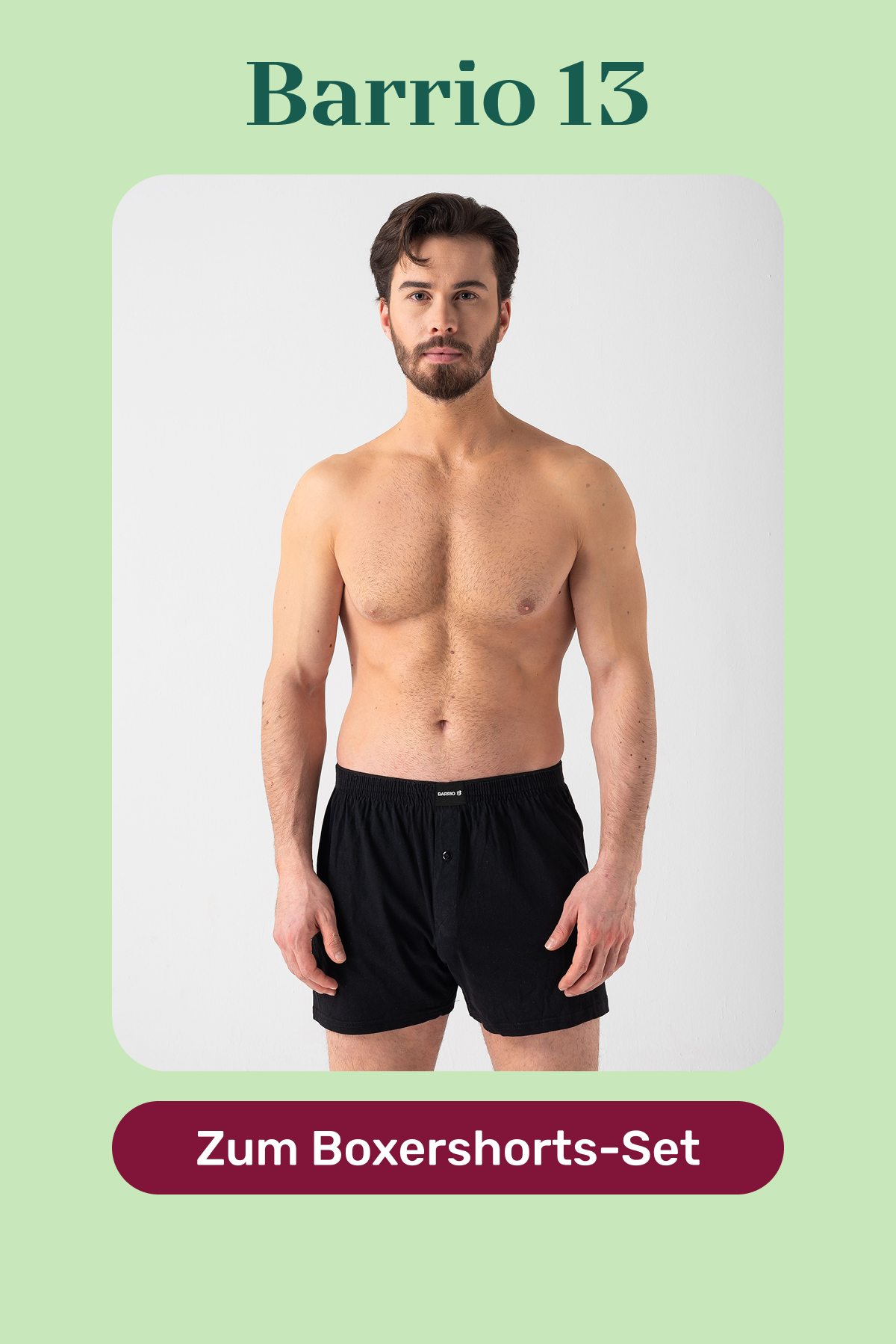 Marke Barrio13. Männlich gelesenes Model trägt schwarze Boxershorts. Button: Zum Boxershorts-Set.
