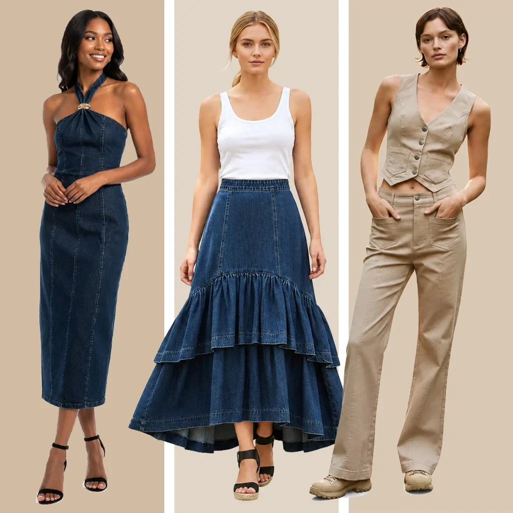 Three women modeling denim and khaki pieces from Flying Tomato's new collection against a beige background.