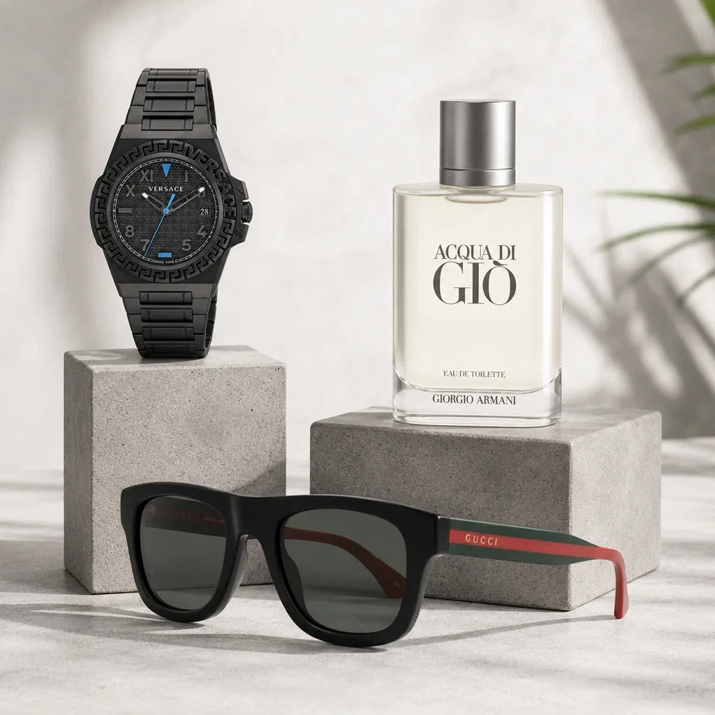 Black Versace watch, Gucci sunglasses with red accents, and Acqua di Giò fragrance displayed on concrete blocks.