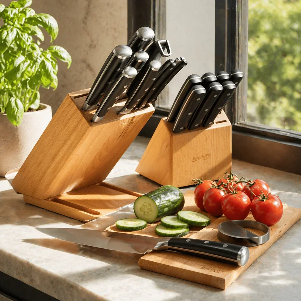 BergHOFF knife set with wooden blocks displaying chef knives on a cutting board with fresh vegetables by a kitchen window