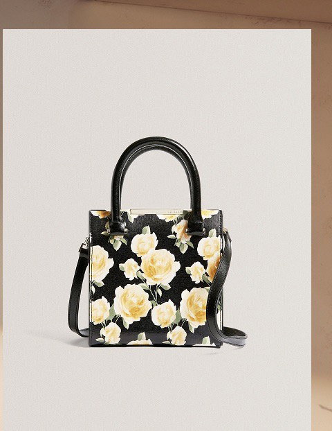 Rose Print Small Leather Tote Bag