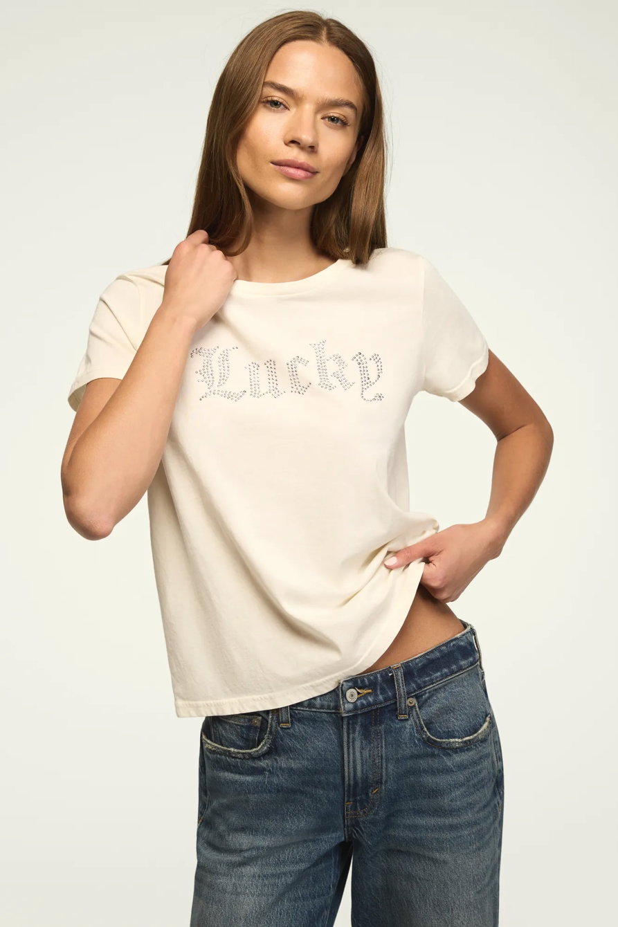 Image of Lucky Brand Lucky Embellished Classic Crew in Canoli Cream
