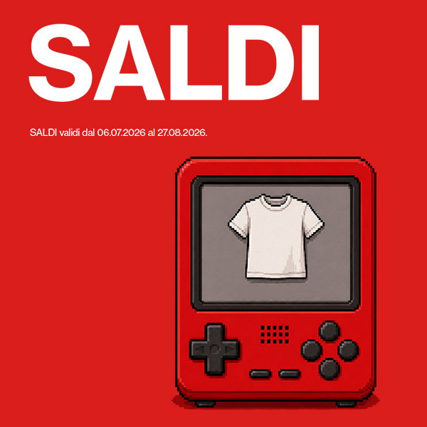 SALDI – console portatile rossa con una maglietta bianca sullo schermo.