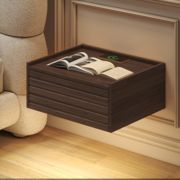 Wooden 1-Drawer Floating Nightstand with Light & Charging Station