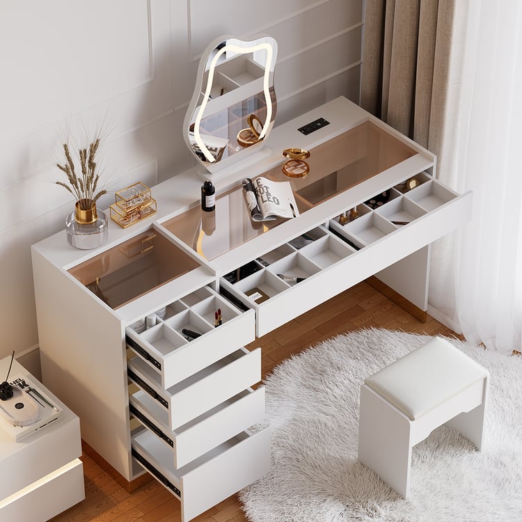 Modern White Makeup Vanity Set with Charging Station & Mirror