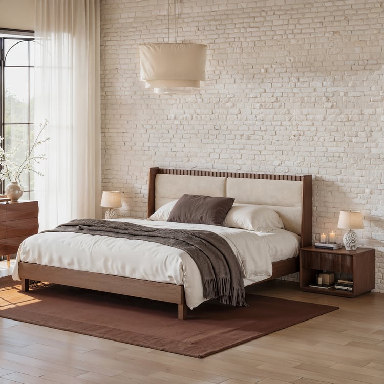 Modern Walnut King Size Solid Wood Bed with Boucle Headboard Pillows