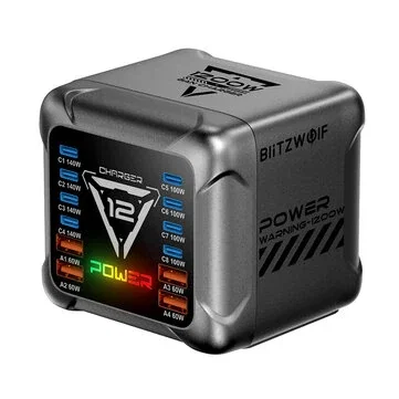 [GaN Tech] Blitzwolf® BW-S36 1200W 12 Ports USB PD Charger LED LIGHT 8USB-C+4USB-A QC PD Fast Charging Desktop Charging Station for iPhone 17 16 16 Pro 15 14 13 Pro Max for MacBook Pro for Airpods for Apple Watch