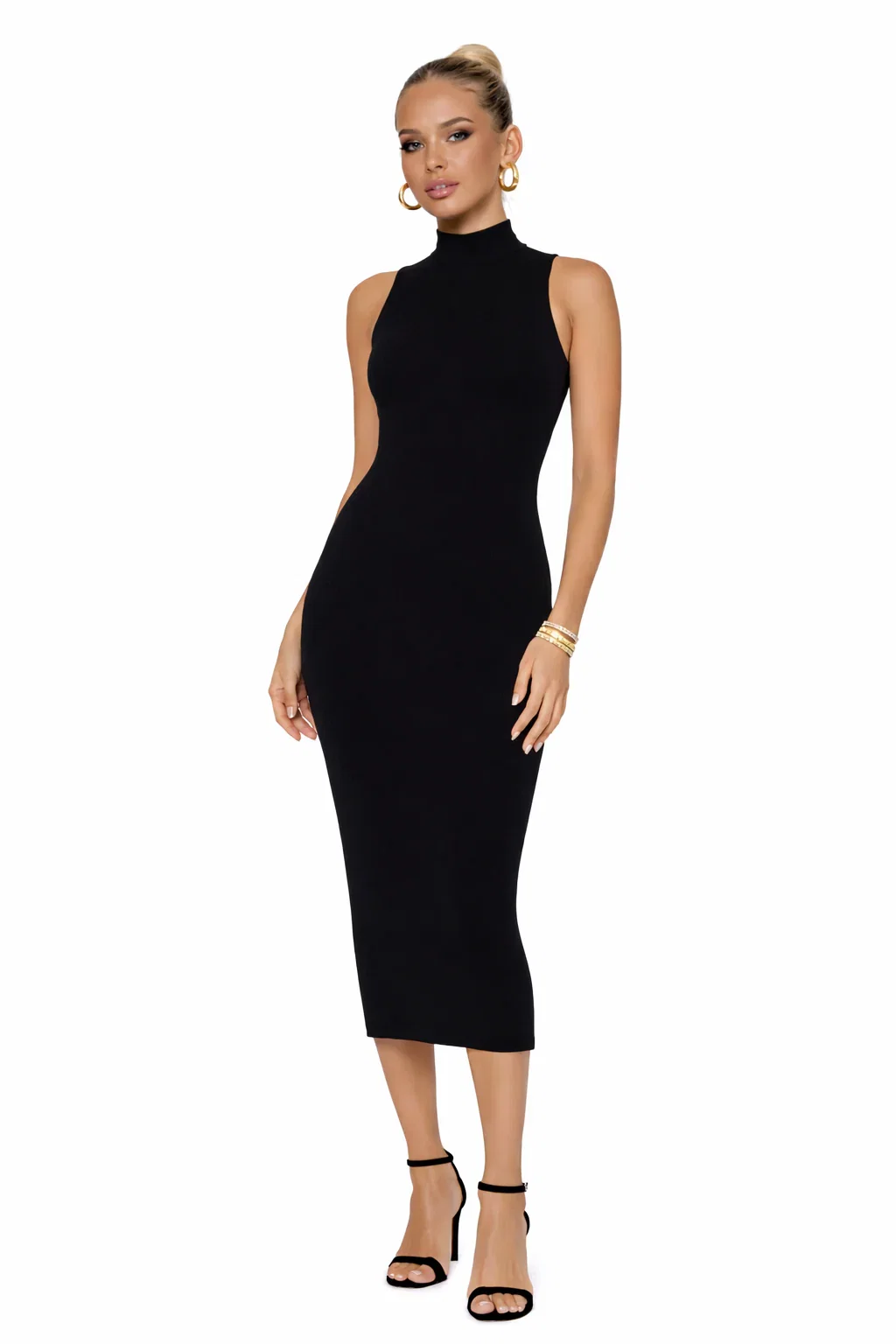 Image of Ribbed Knit Mock Neck Midi Dress