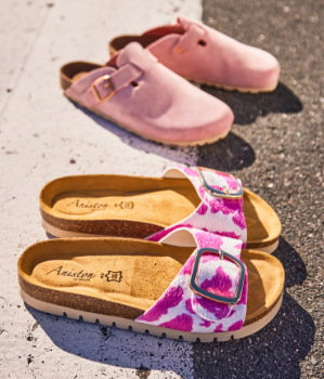 Aniston SHOES Pantolette in pink-weiß und Aniston SHOES Clog Hausschuh mit ergonomischem Fußbett in altrosa. 