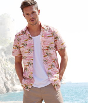Beachtime Freizeithemd mit Palmenprint aus reiner Baumwolle in rosa-bedruckt. 