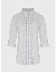 White Cotton Poplin Relaxed Fit Button Down Shirt With Floral Mesh Placket and Button Tab Sleeves