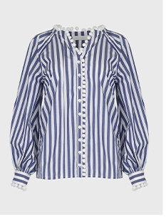 Blue and White Thin Striped Poplin Shirt With Pom-Pom Embellished Neckline and Front Placket