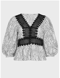 White Floral Lace Blouse with Black Contrast Detail