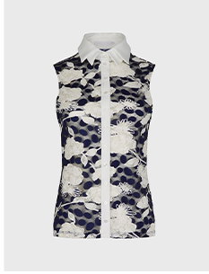 Navy Mesh Sleeveless Lace Button Down Shirt With White Floral Print