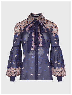 Dark Blue Women's Silk Shirt with Removable Necktie and Floral Print