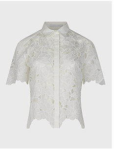 White Short Sleeve Cropped Cotton Voile Embroidered Floral Button Down Shirt
