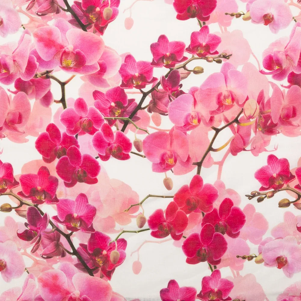 Image of Tilted Pink Orchid and White Alyssum Printed Linen Woven