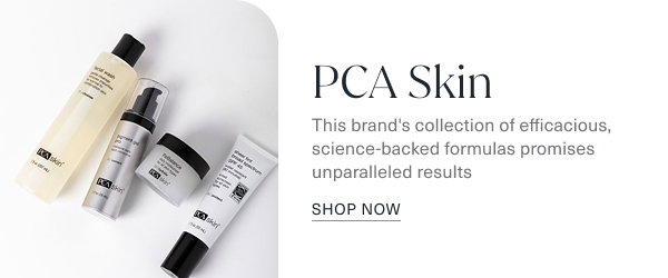 pca skin. this brands collection of efficacious, science backed formulas promises unparalleled results. shop now. the image is of assorted pca skins laying down on a light grey background