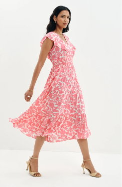 Mattie Pink Floral Frill Sleeve Empire Waist Tiered Midi Dress