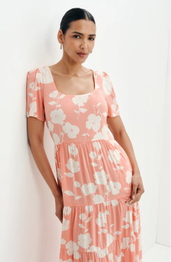 Teresa Coral Floral Tiered Square Neck Midi Dress