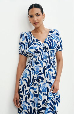 Dolly Blue Abstract Puff Sleeve Shirred Waist Smock Midi Dress