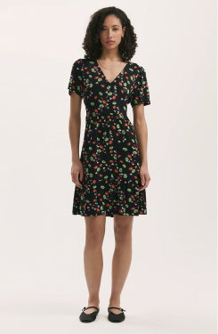 Misha Black Flower Jersey Short Tiered Dress