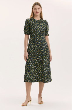 Lenisha Yellow Flower Jersey Midi Tea Dress