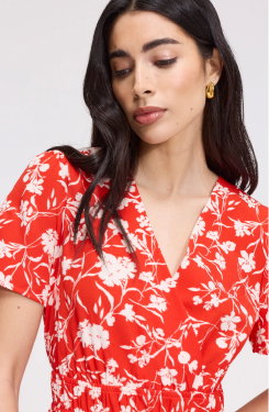 Deena Red Floral Wrap Tiered Midi Dress