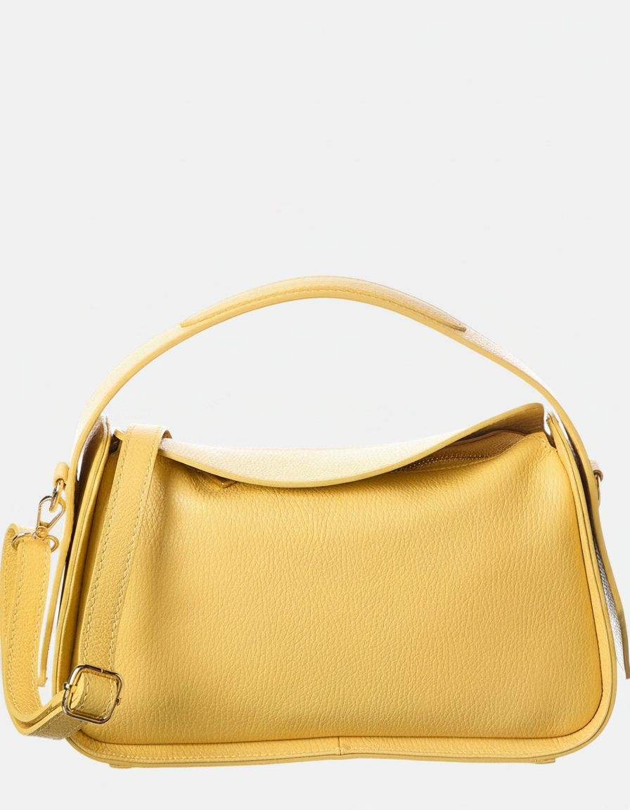 A yellow leather handbag with a top handle and a detachable shoulder strap.
