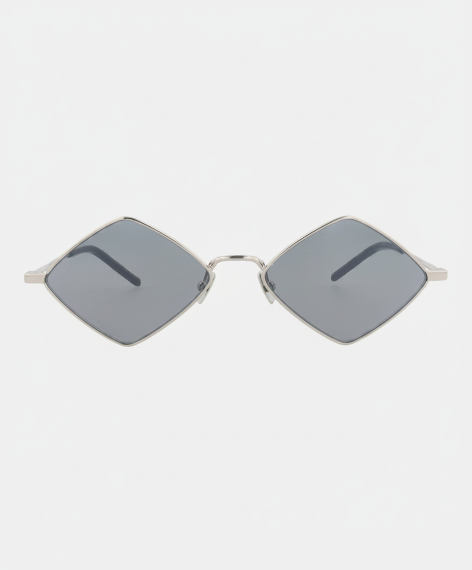 Diamond-shaped sunglasses with silver frames and grey lenses.
