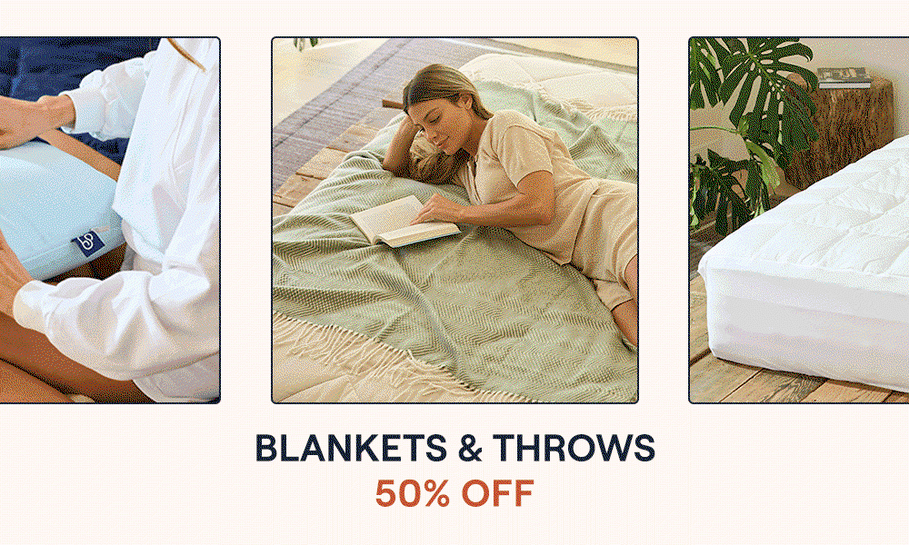 Products on sale during the Summer Sale; Juniper Woven Throw, Performance Mattress Pad, UltraCool Pillow, and Performance TENCEL Sheet Set