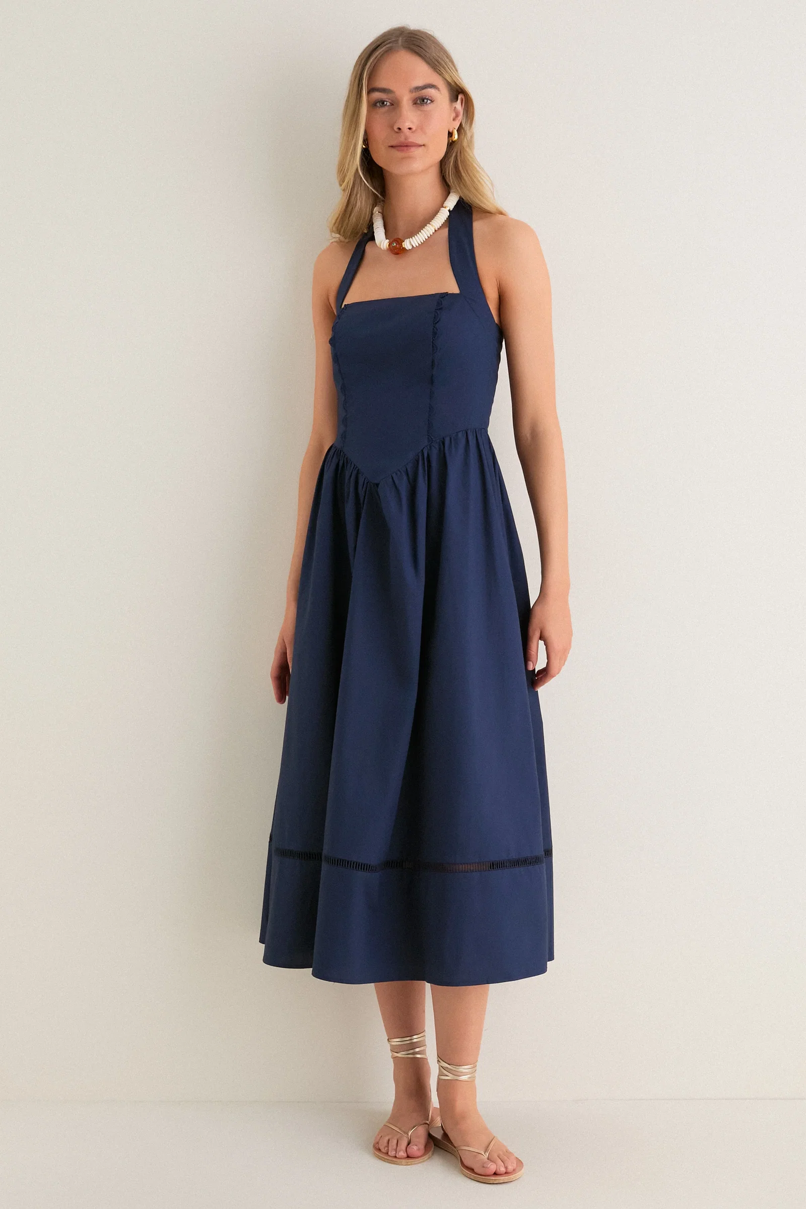 Image of Navy Square Neck Halter Midi Dress