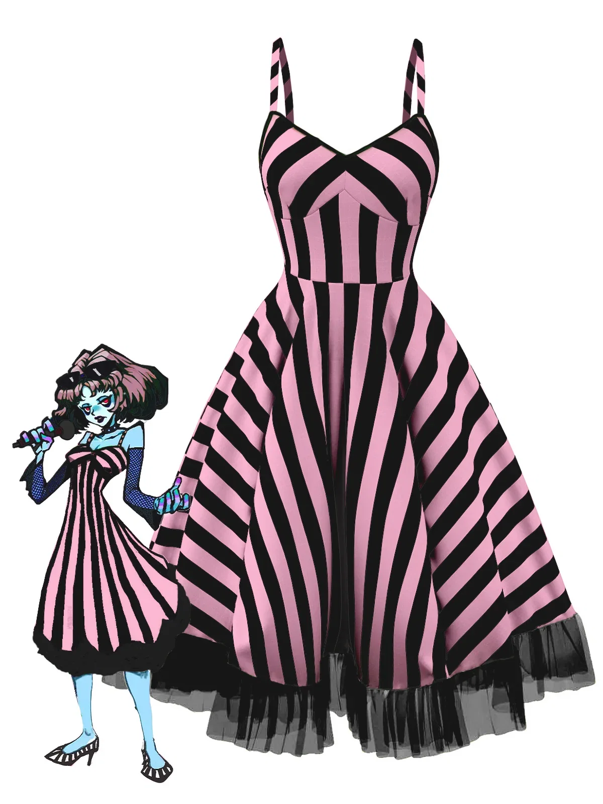 Black&Pink 1950s Striped Fluorescent Black Lace Dress