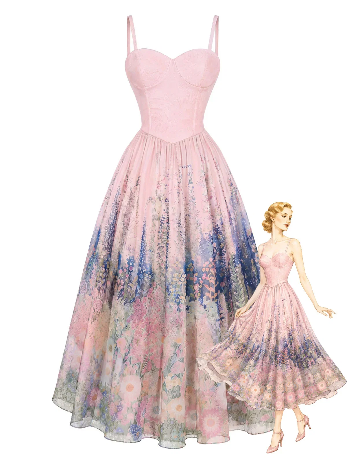 [Pre-Sale] 1950s Sweetheart Neck Oil Painting Floral Meadow Mesh Dress