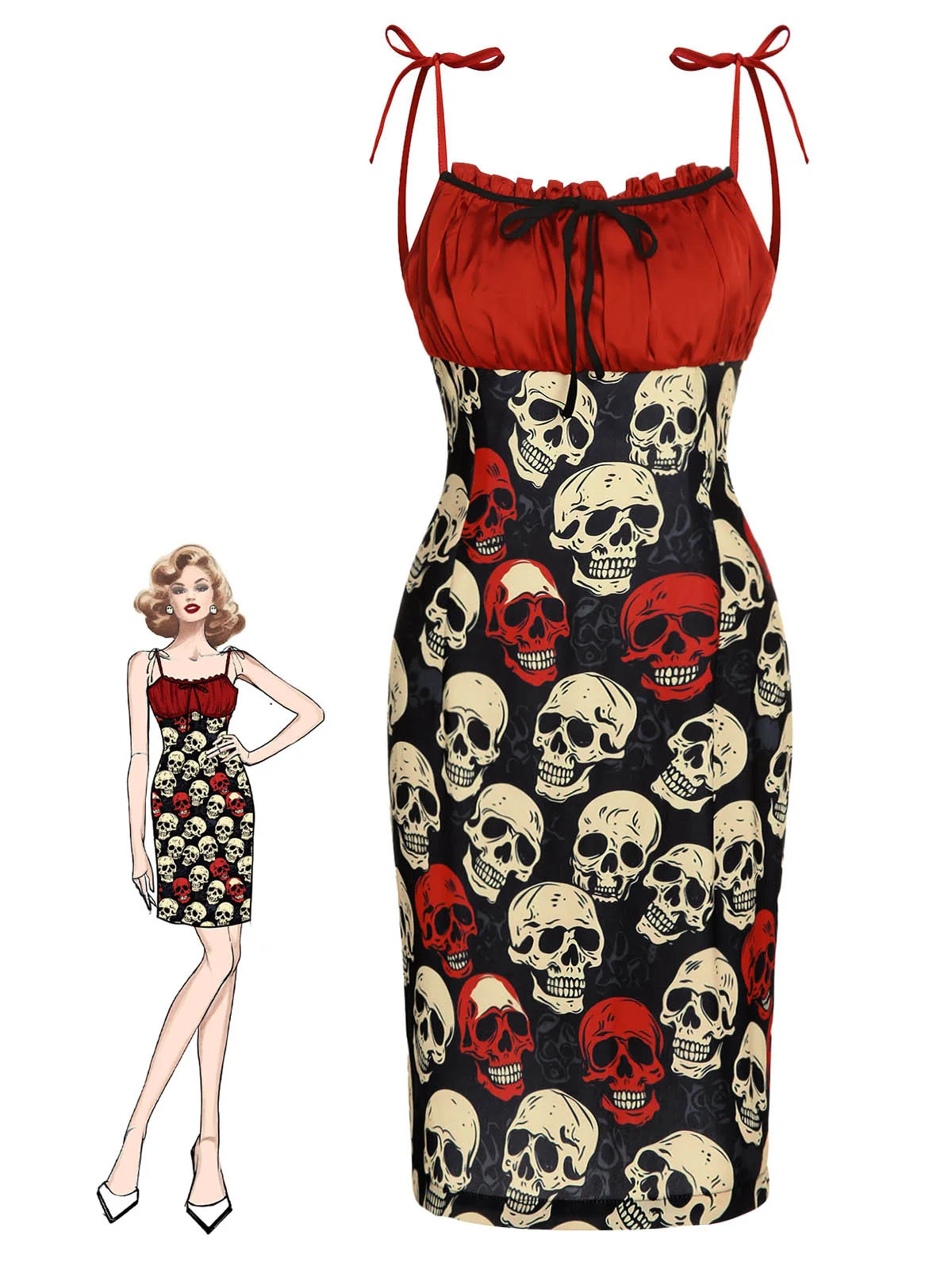 [Pre-Sale] Red 1960s Halloween Skull Strap Dress