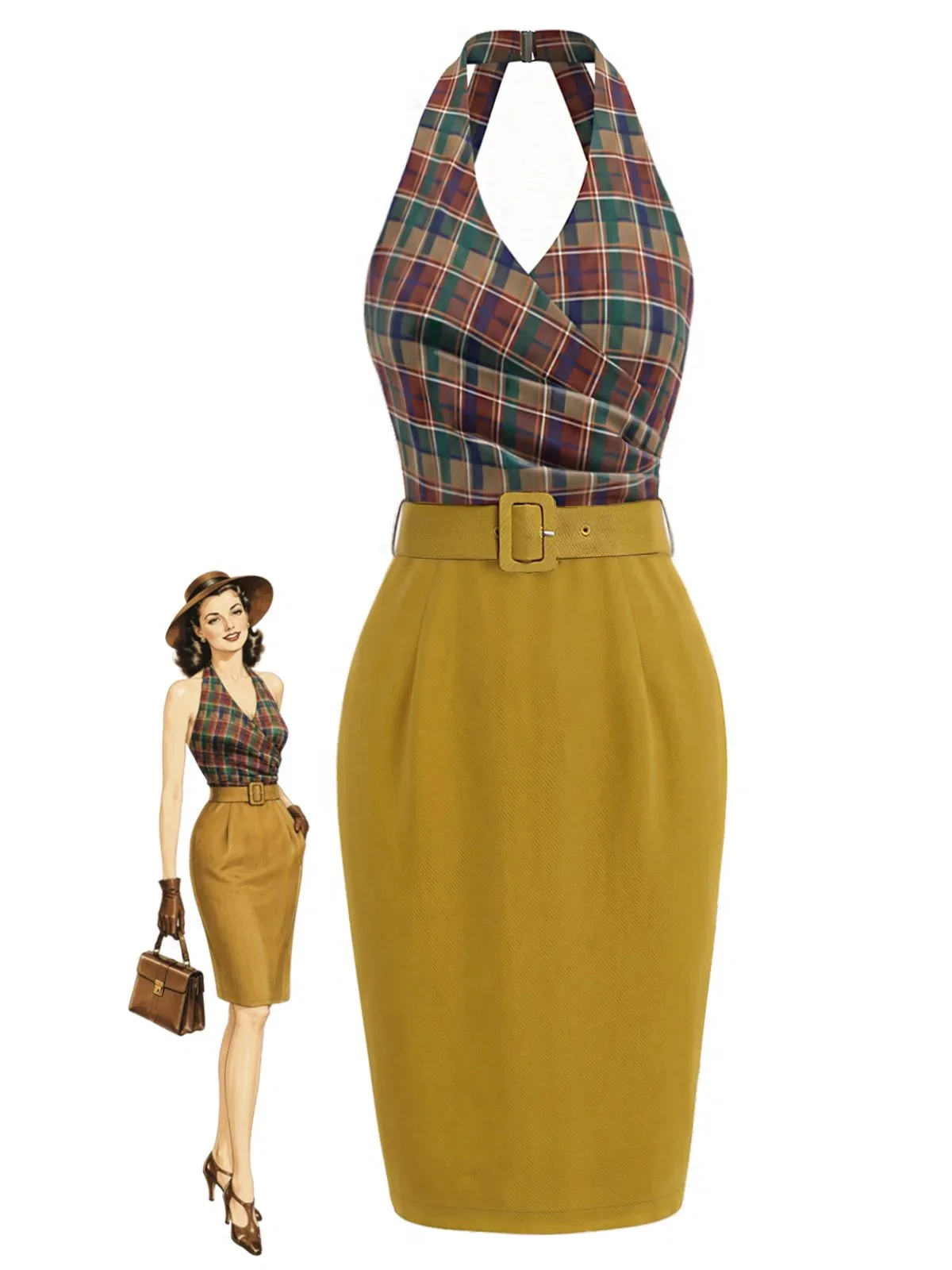 [Pre-Sale] Brown 1960s Plaid Halter V-Neck Backless Pencil Dress