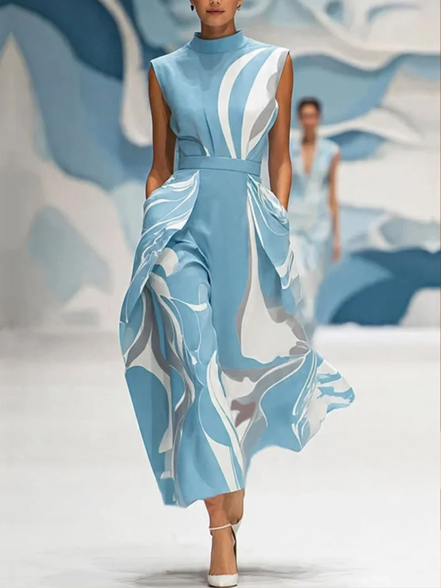 Image of Elegant Abstract Printing Stand Collar Midi Dress