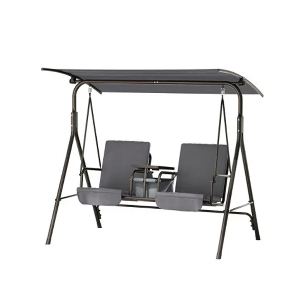 Outdoor Patio Swing Chair 2 Seater Canopy Table Top Cup Holder Black
